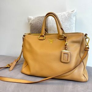 Prada Camel Daino Leather Bauletto Satchel Travel Handbag